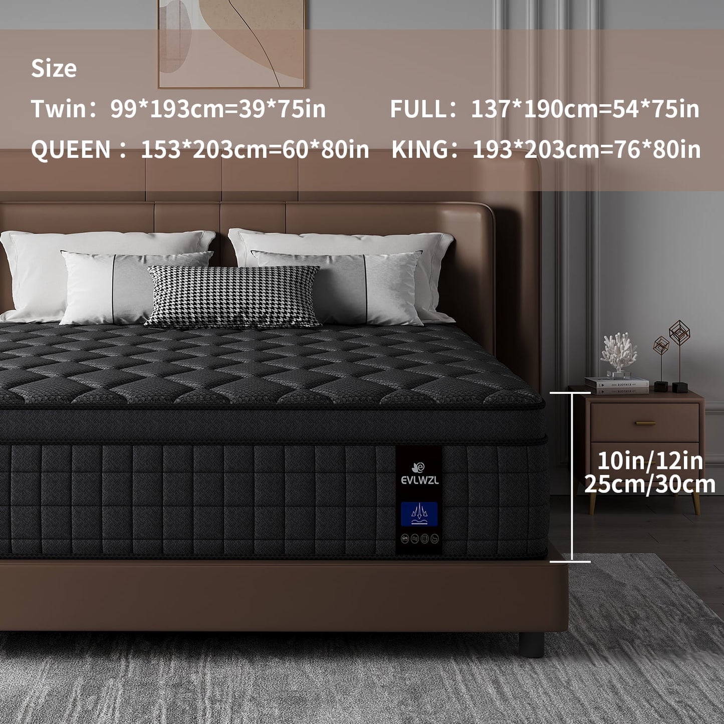 EVLWZL 12 Inch King Mattress, Medium Pillow Top Hybrid Mattress-in-a-Box